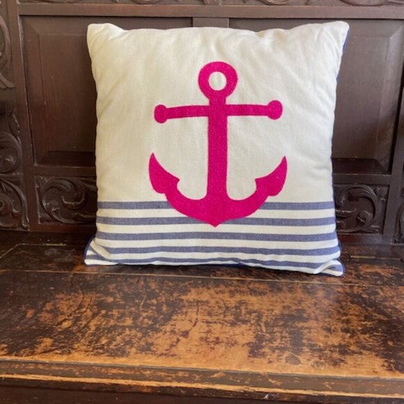 THRESHOLD Pink Embroidered Anchor White Blue Stripe Toss Pillow - Picture 1 of 15